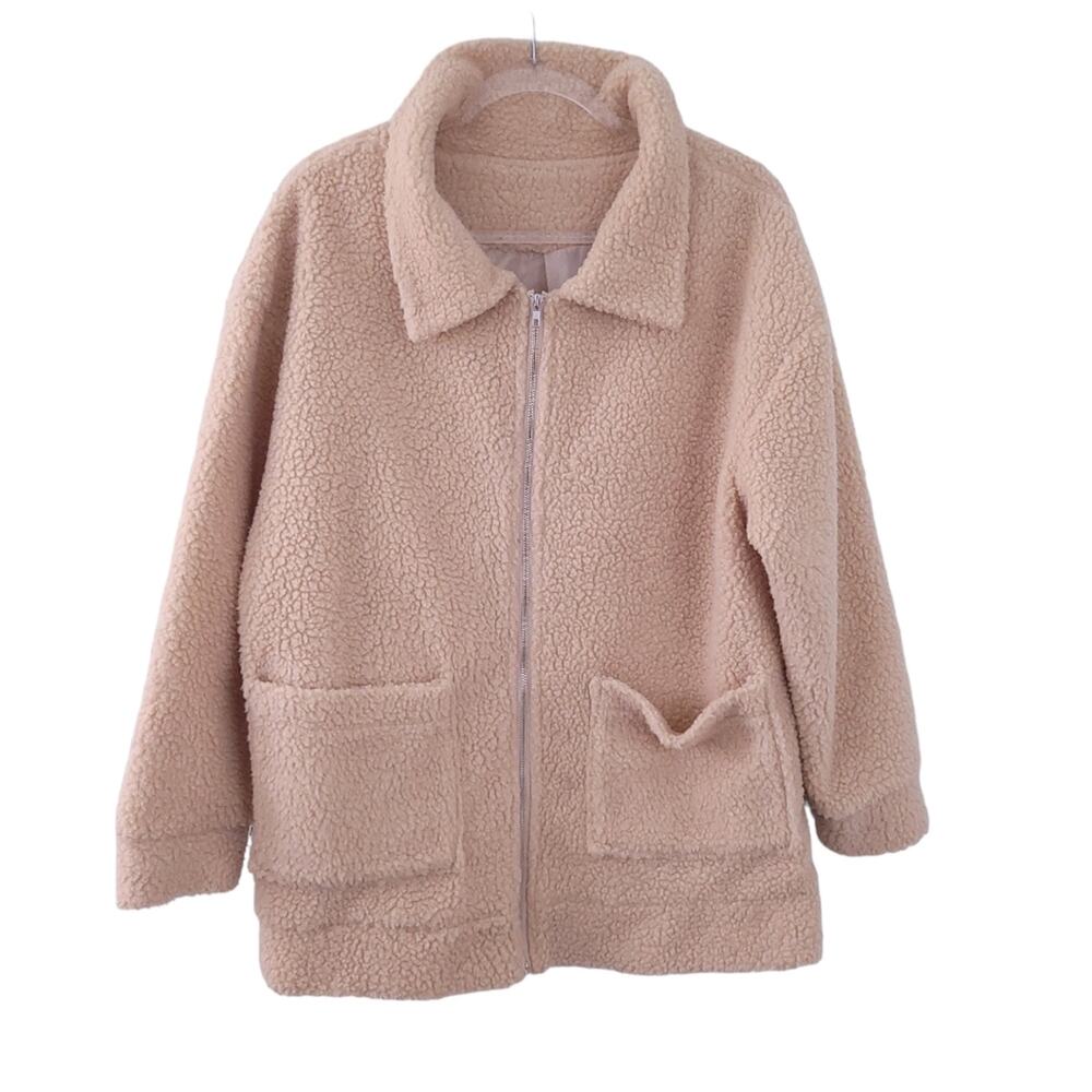 Oversized Teddy Coat Medium Beige Brown, Pockets, Zip Up